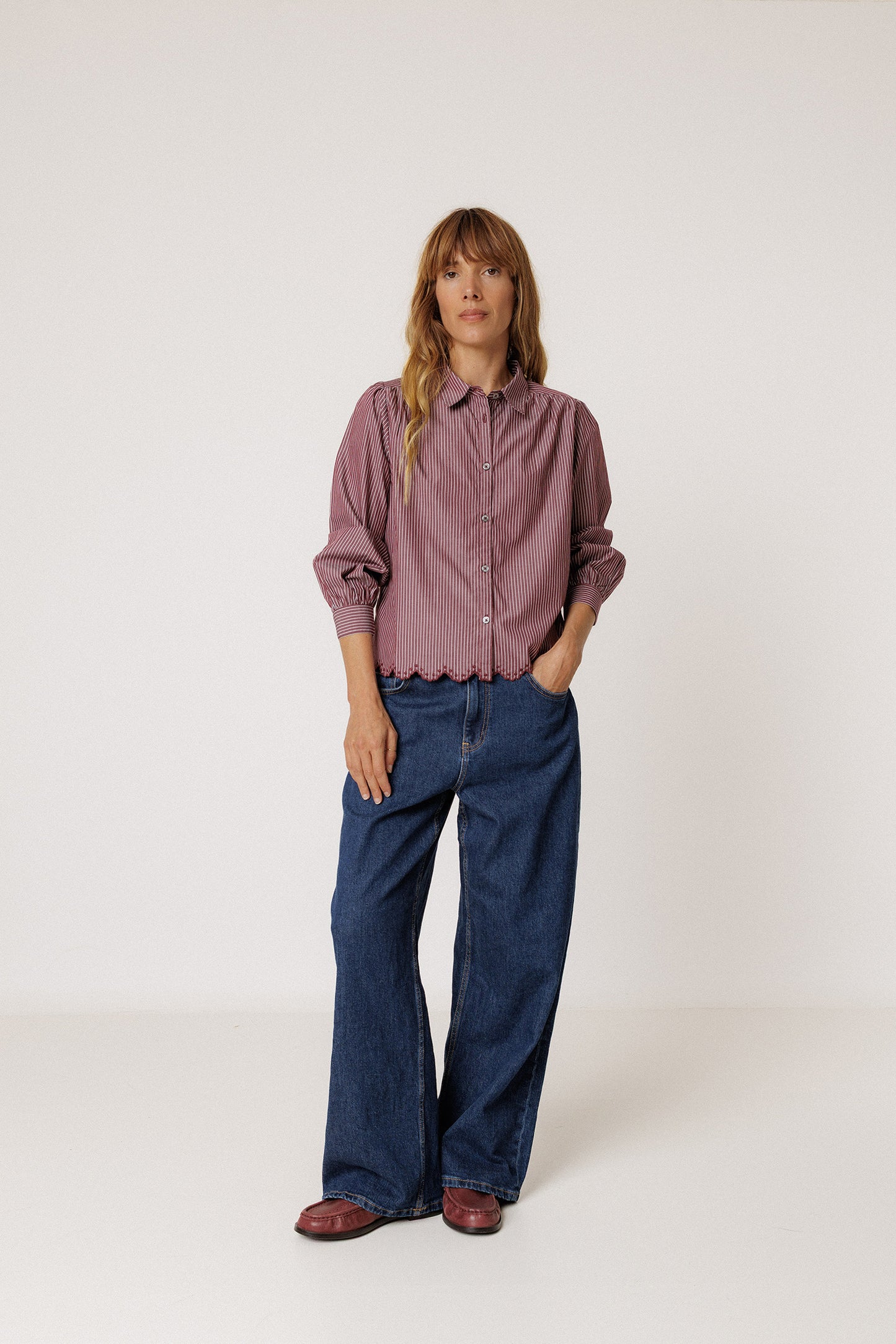 SCALLOPED HEM STRIPED SHIRT